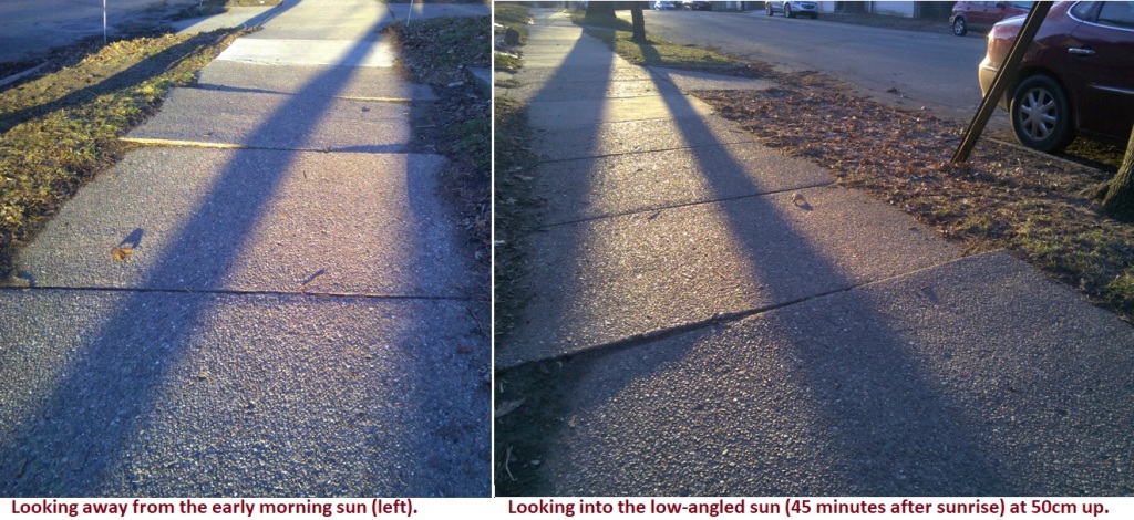 collage of two photos taken 45 minutes after sunrise from height of 50 cm to show sidewalk texture and glare