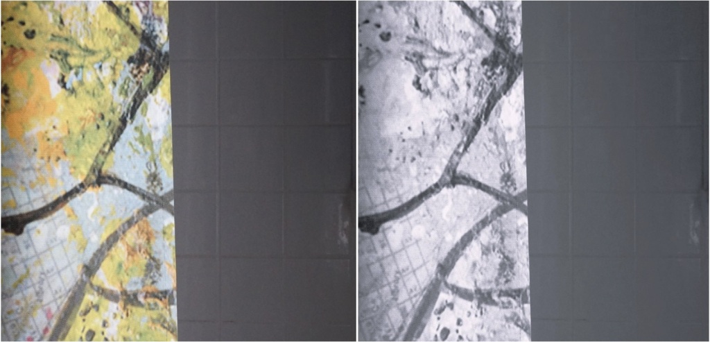 collage of full color square photo of colorful shower curtain and shadowed white tile wall (left photo) and grayscale version of this square (right photo)