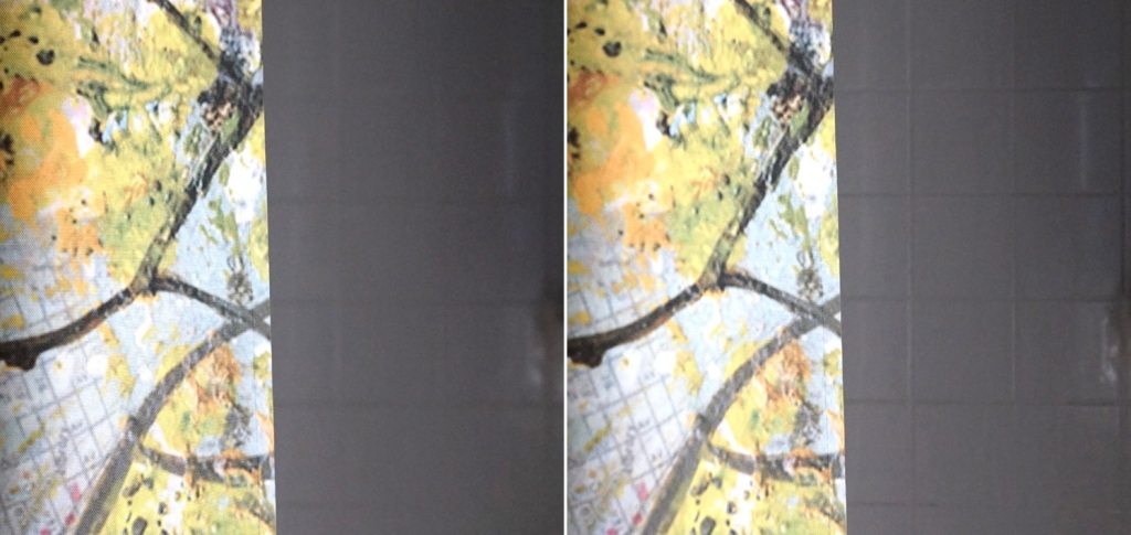 collage of 2 square photos: left shows curtain in focus but wall blurred, right shows both subject in focus