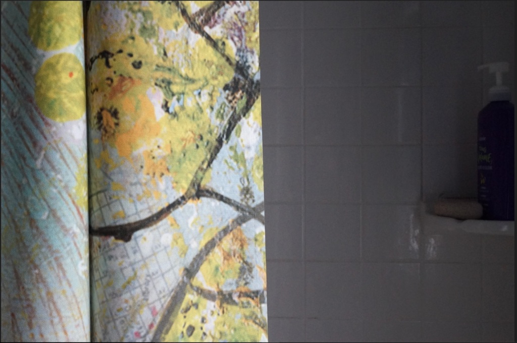 shower curtain in Impressionist painter style (left) and shower tiled white backwall beyond (right)