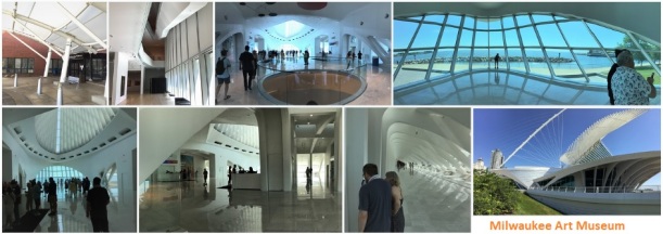 screenshot of 8 color pictures from inside and outside the Milwaukee Art Museum