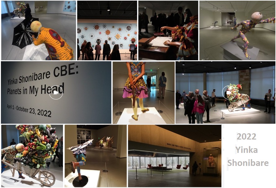 screenshot collage of thumbnails taken at art exhibit from Yinka Shonibare in 2022 showing many sculptures